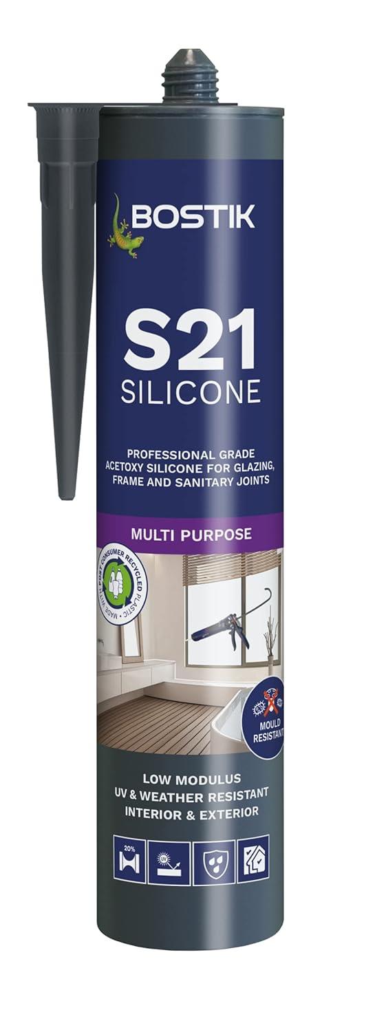 Bostik Pro S21 Multi Purpose Acetoxy Silicone Sealant Clear 310ml Waterproof Flexible Sealant for Glazing Kitchens Bathrooms and General Building Applications