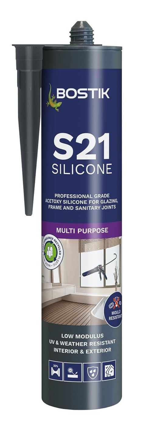 Bostik Pro S21 Multi Purpose Acetoxy Silicone Sealant Clear 310ml Waterproof Flexible Sealant for Glazing Kitchens Bathrooms and General Building Applications
