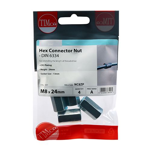 TIMCO Connector Nut DIN 6334 - BZP M8 Silver Pack 4