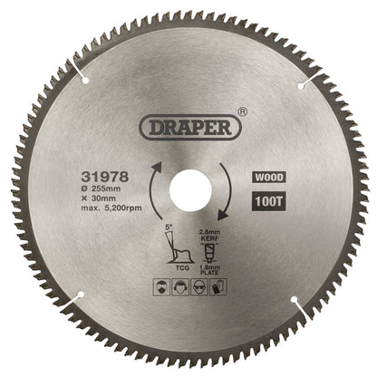 Draper TCT SAW BLADE 255MM 100T TCG 31978 TCT Multi-Purpose Circular Saw Blade, 255 x 30mm