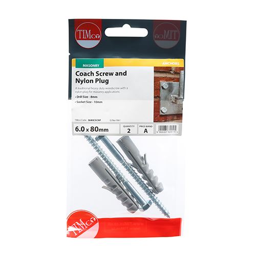 TIMCO Coach Screw & Nylon Plugs 6.0 x 80 Pack 2