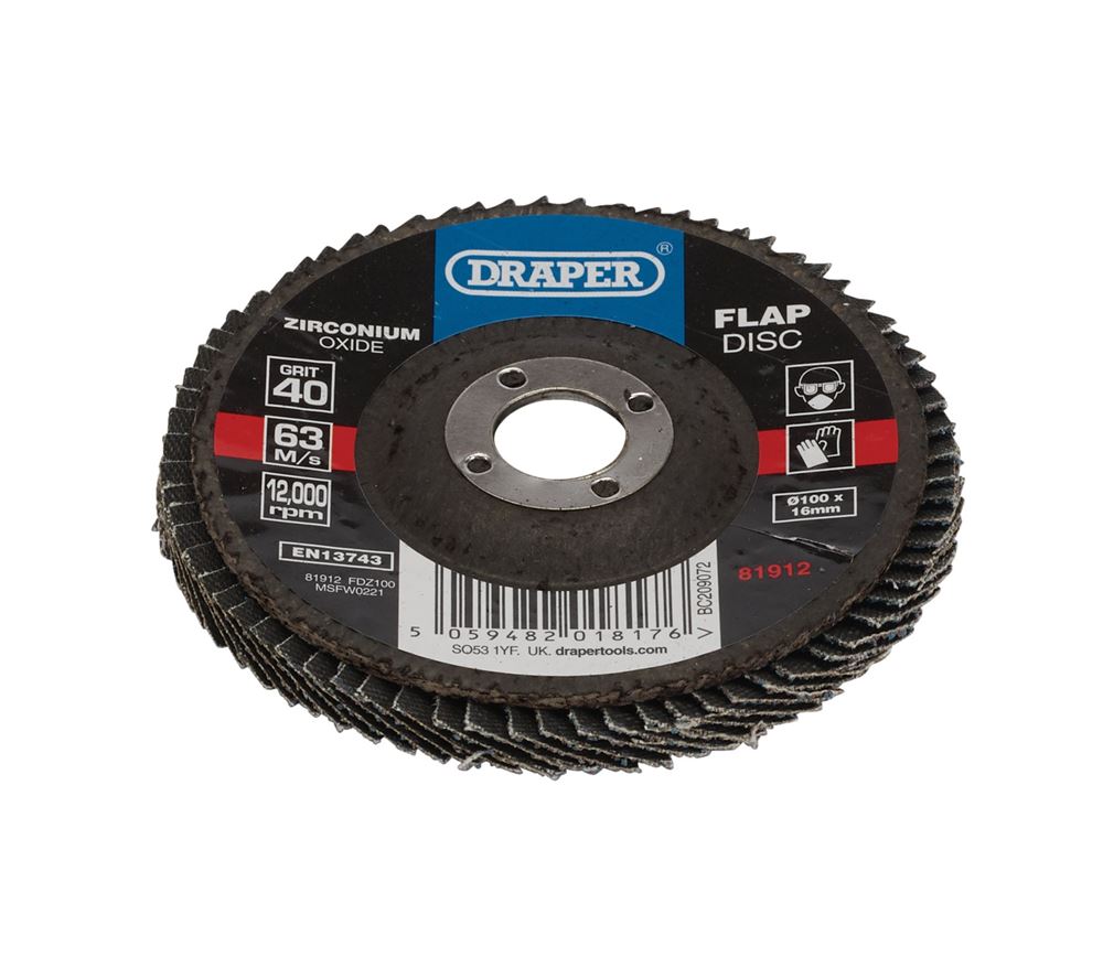 81912 Draper Zirconium Oxide Flap Disc, 100 x 16mm, 40 Grit FDZ100 Disc Flaps Professional Trade DIY Workshop Garage Use