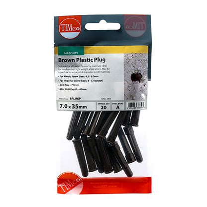 TIMCO Brown Plastic Plug 36mm Brown Pack 20