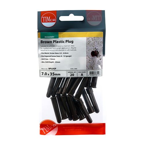 TIMCO Brown Plastic Plug 36mm Brown Pack 20