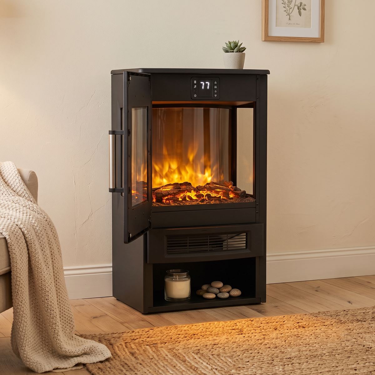 Baridi DH123 Panoramic Electric Stove Heater with LED Flame Effect & Log Storage 1800W - Black | 230V ~ 50Hz, Thermostat, Timer, Remote Control