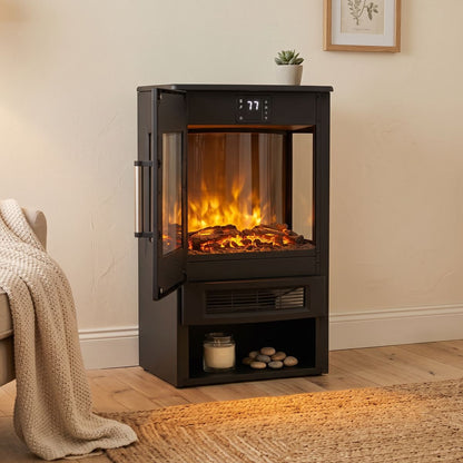 Baridi DH123 Panoramic Electric Stove Heater with LED Flame Effect & Log Storage 1800W - Black | 230V ~ 50Hz, Thermostat, Timer, Remote Control