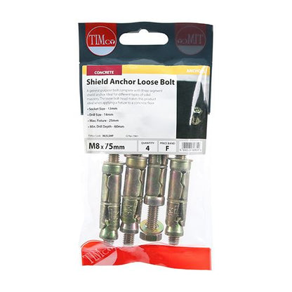 TIMCO Shield Anchor Loose Bolt - ZYP M8:25L (M8 x 75) Gold Pack 4