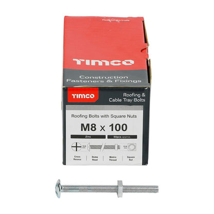 TIMCO Roofing Bolt & SQ Nut Zinc M8 x 100 Silver Pack 50