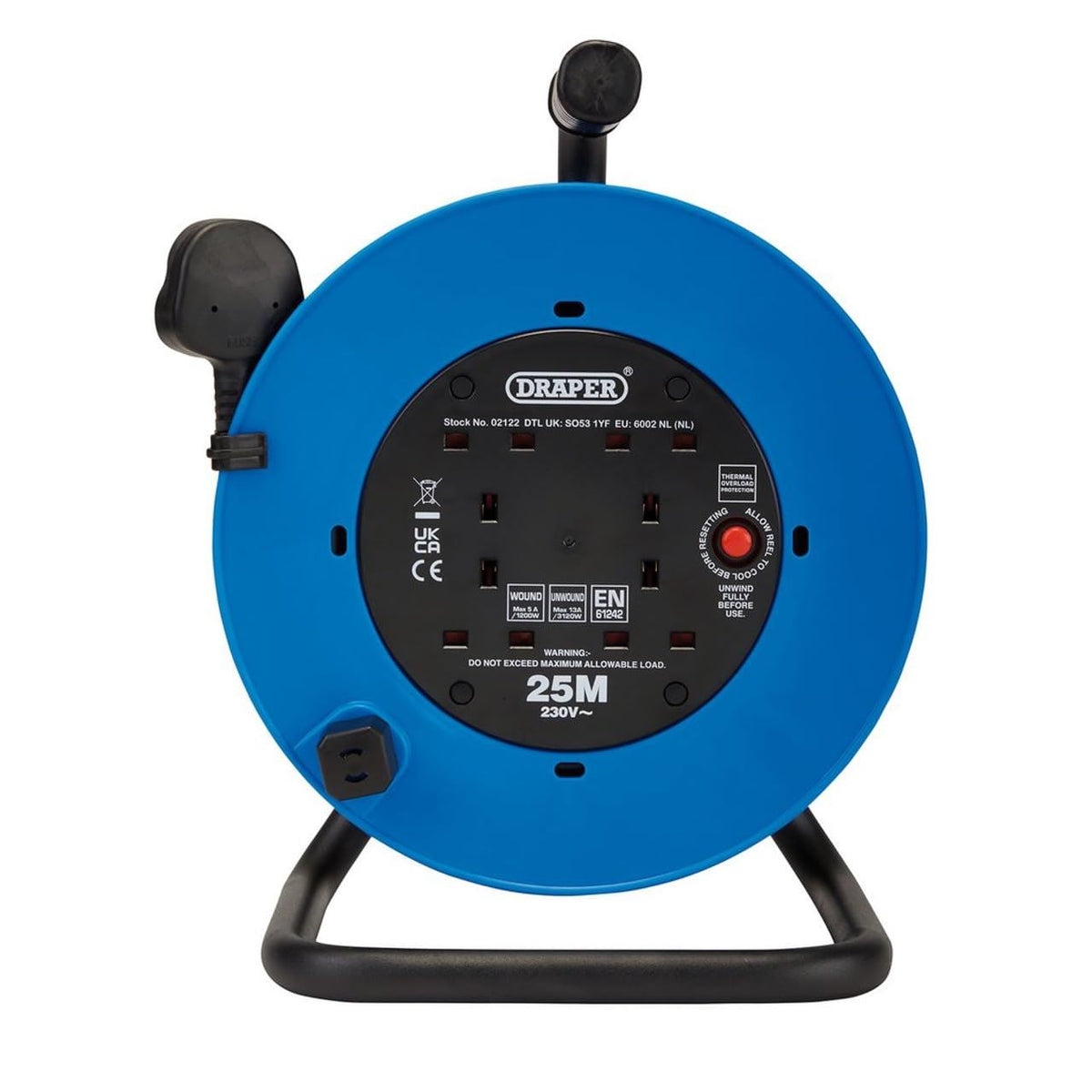 02122 Draper 230V Heavy Duty Industrial Four Socket Cable Reel, 25m DCR25HDA Extension Leads Professional Trade DIY Workshop Garage Use