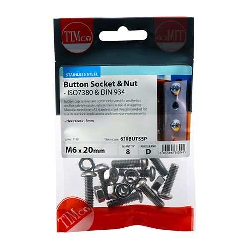 TIMCO Button Socket & Nut - A2 SS M6 x 20 Pack 8
