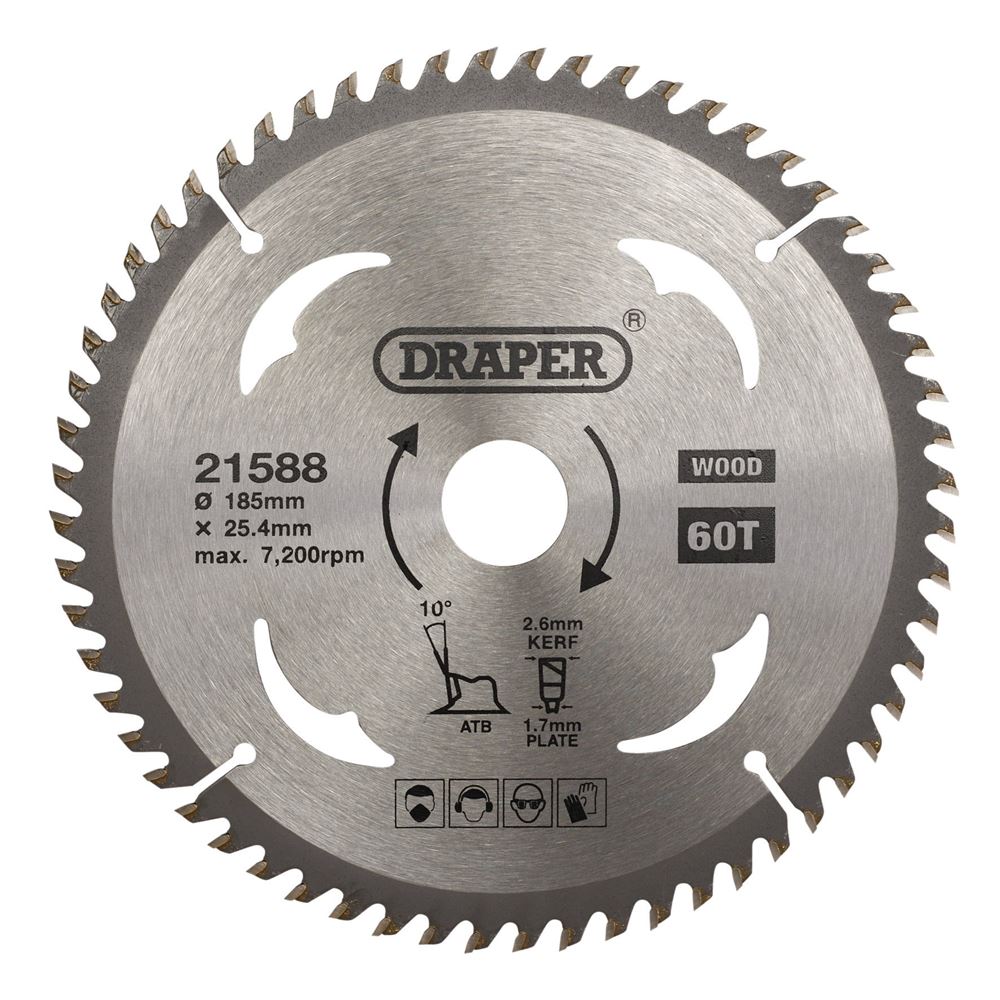 Draper TCT SAW BLADE 185MM 60T WOOD 21588 TCT Circular Saw Blade for Wood, 185 x 25.4mm