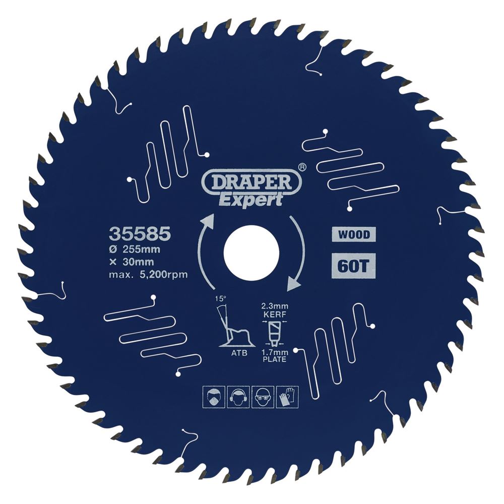 Draper TCT SAW BLADE 255MM 60T 35585 TCT Circular Saw Blade for Wood with PTFE Coating