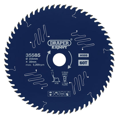 Draper TCT SAW BLADE 255MM 60T 35585 TCT Circular Saw Blade for Wood with PTFE Coating