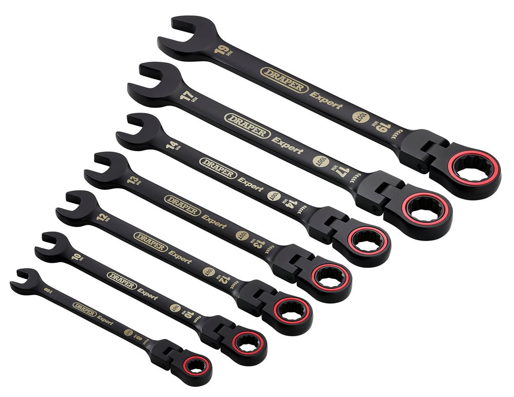 Draper 7PC FLEX HEAD RATCHET SPANNER 03927 HI-TORQÂ® Metric Flexible Head Ratchet Combination Spanner Set, Black (7 Piece)
