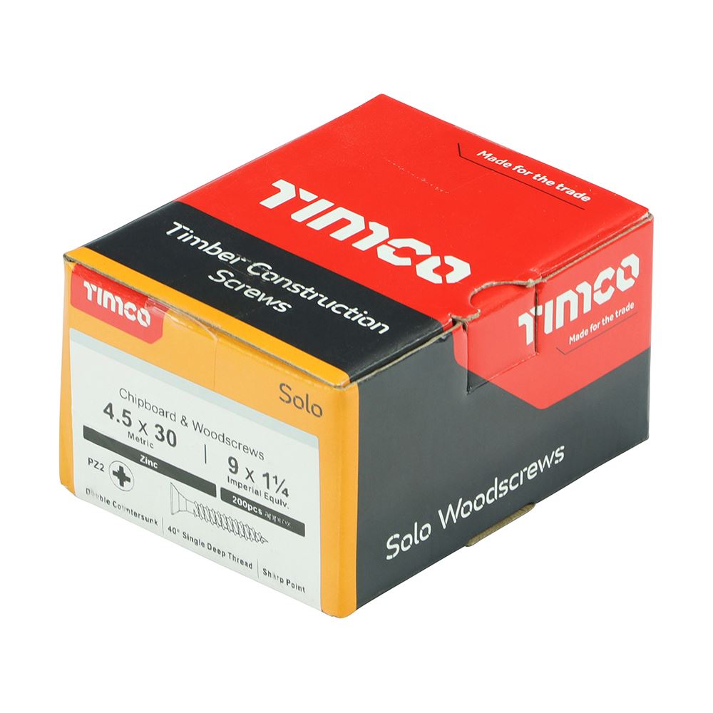 TIMCO Solo Woodscrew PZ2 CSK Zinc 4.5 x 30 Silver Pack 200