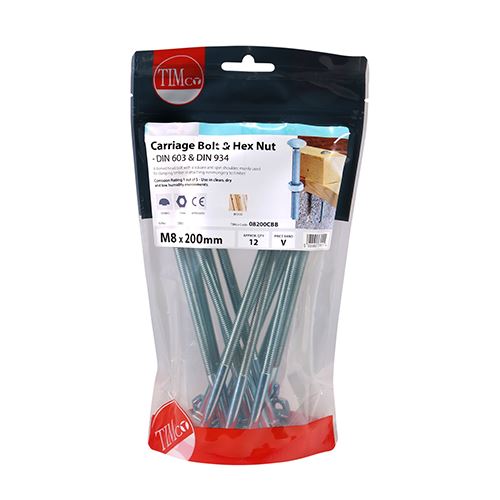 TIMCO Carriage Bolt & Hex Nut - BZP M8 x 200 Silver Pack 12