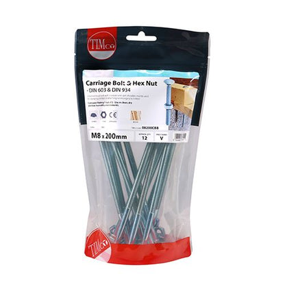 TIMCO Carriage Bolt & Hex Nut - BZP M8 x 200 Silver Pack 12
