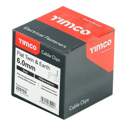 TIMCO Flat Twin&Earth Cable Clip GRY To fit 6.0mm Grey Pack 100