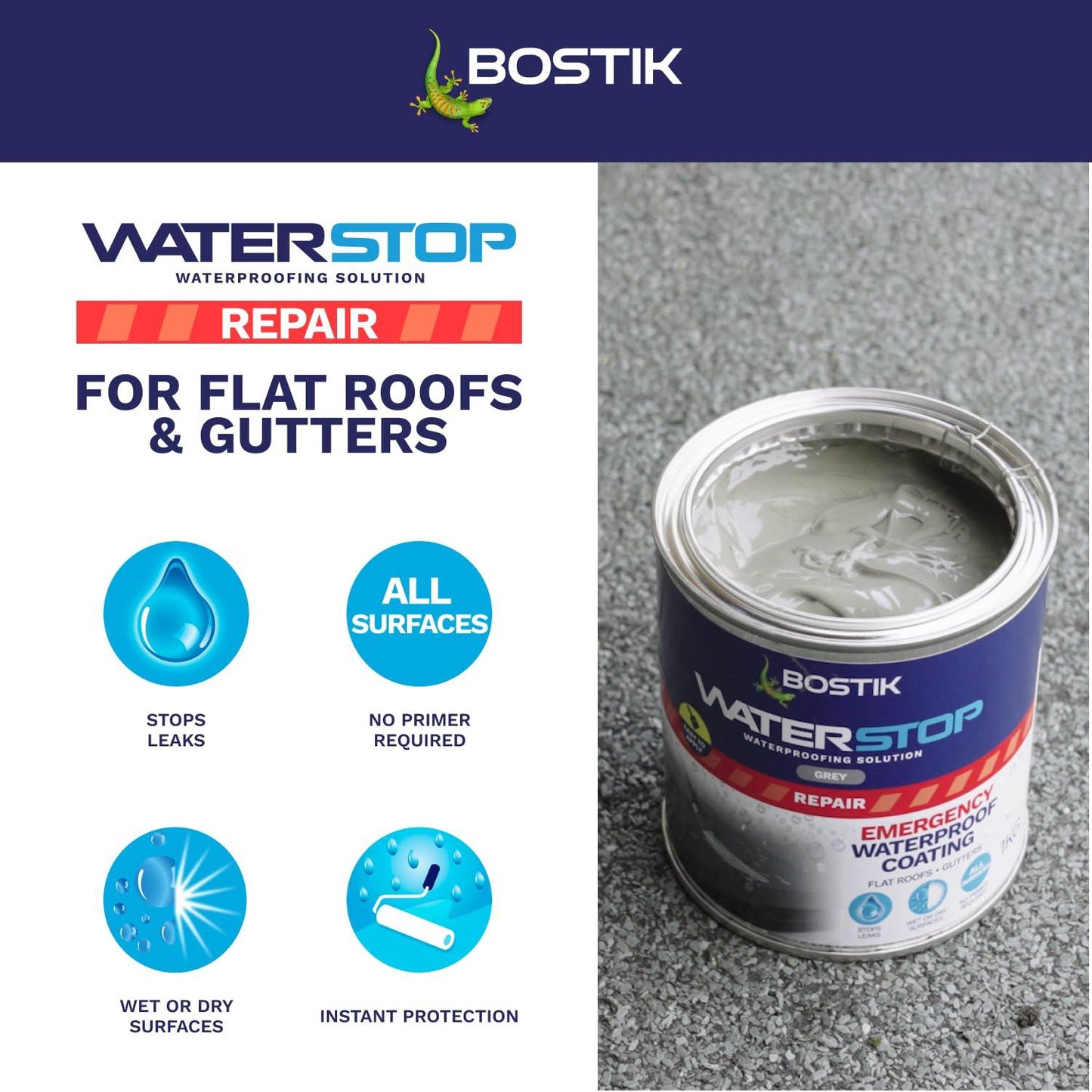 Bostik Waterstop Emergency Coat, Quick Drying, Instant Sealing Coating, For Roofs And Gutters, 1kg, Grey