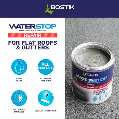 Bostik Waterstop Emergency Coat, Quick Drying, Instant Sealing Coating, For Roofs And Gutters, 1kg, Grey