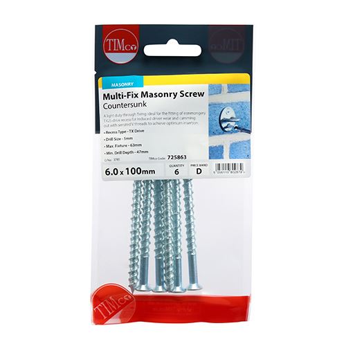 TIMCO Multi-Fix Masonry Screw - CSK 6.0 x 100 Silver Pack 6