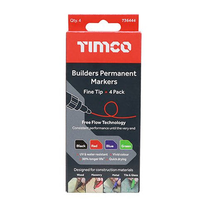 TIMCO Builders Permanent Markers MIX Fine Tip Pack 4
