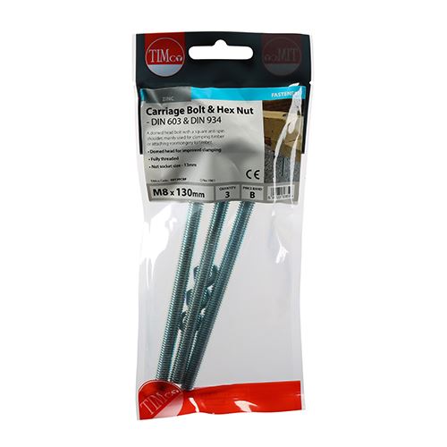 TIMCO Carriage Bolt & Hex Nut - BZP M8 x 130 Silver Pack 3