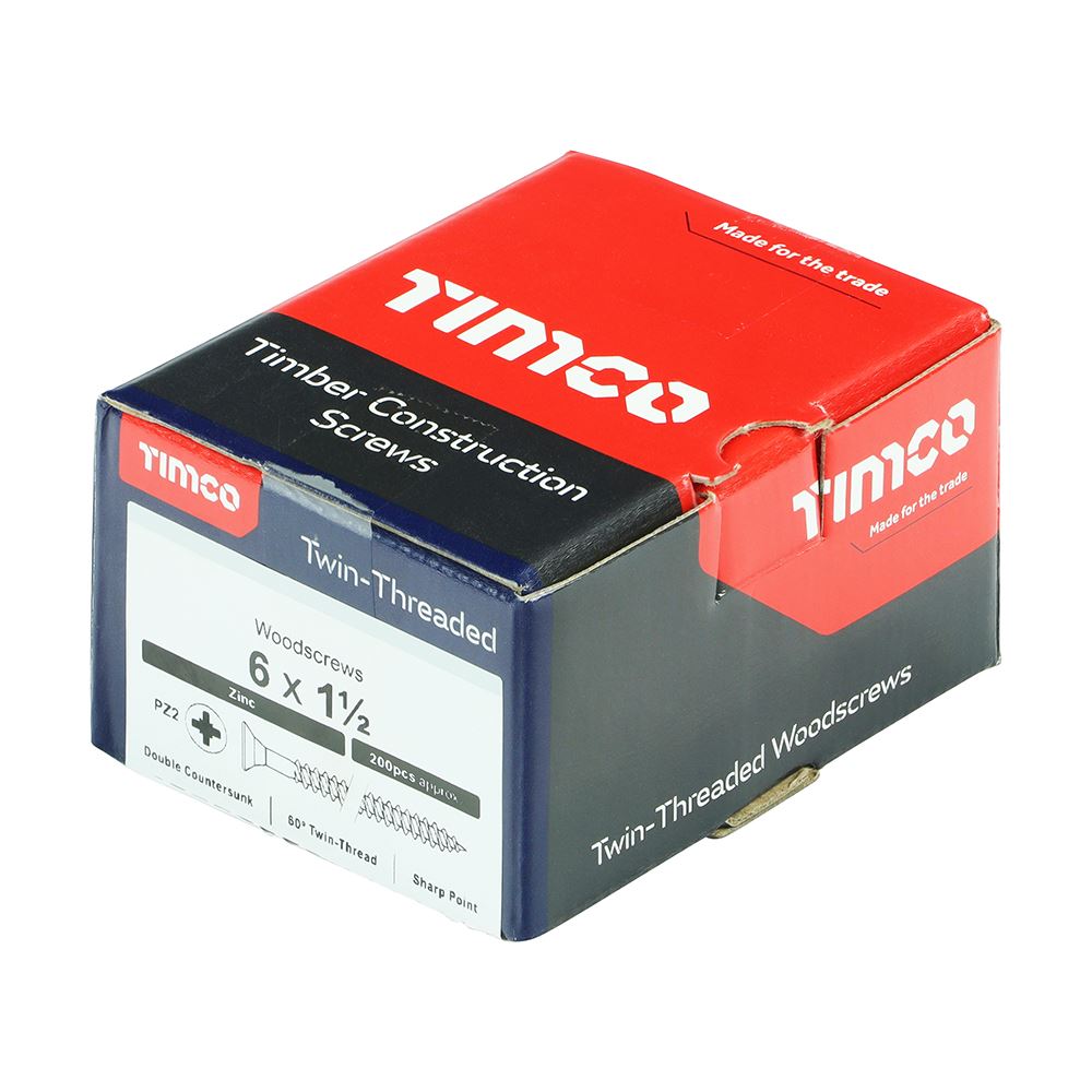 TIMCO Twin Woodscrew PZ2 CSK Zinc 6 x 1 1/2 Silver Pack 200