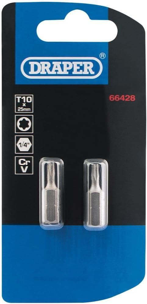 Draper 2PC 25MM T10 S/D BIT 66428 1/4" hex. Draper TX-STARÂ® E Shank Insert Bits
