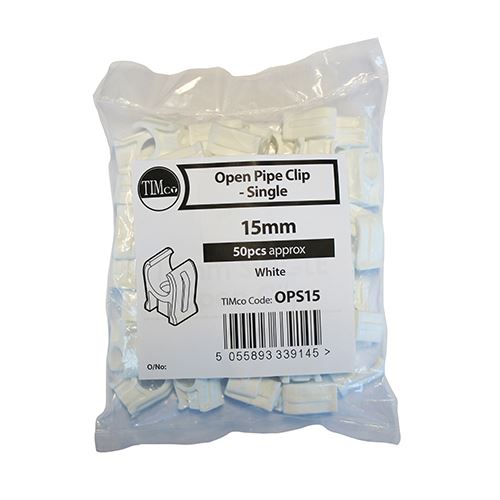 TIMCO Open Pipe Clip - Single 15mm White Pack 50