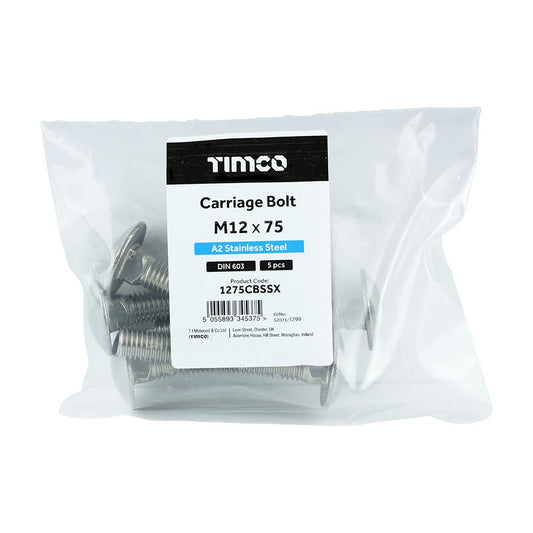 TIMCO Carriage Bolt DIN 603 A2 SS M12 x 75 Pack 5