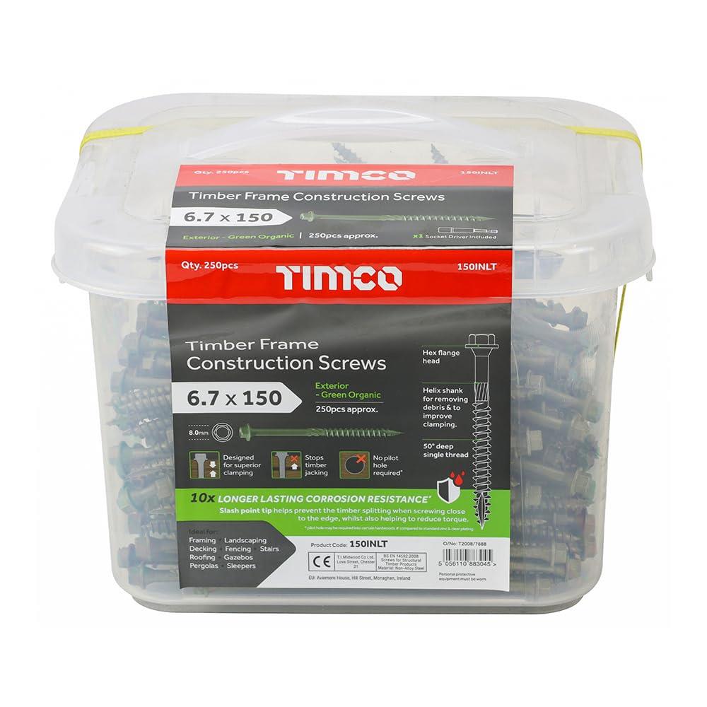 TIMCO Hex Head Timber Construction Screws 6.7mm Exterior Green – Various Lengths and Pack Sizes for Landscaping, Timber Framing and Structural Timber Fixing