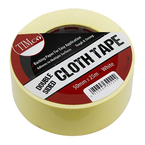 TIMCO Double Sided Cloth Tape White 25m x 50mm Pack 1.0