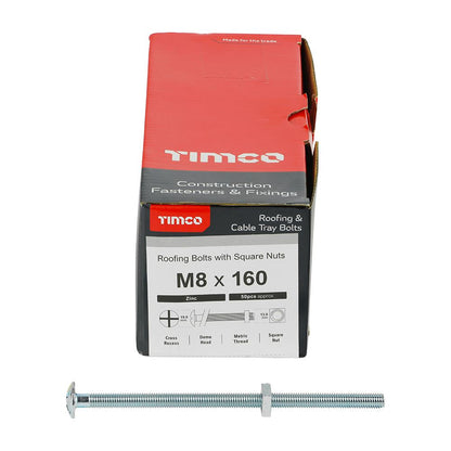 TIMCO Roofing Bolt & SQ Nut Zinc M8 x 160 Silver Pack 50