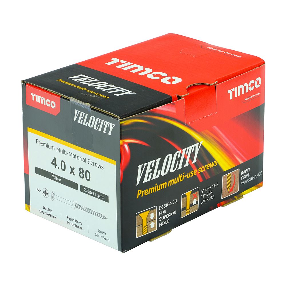 TIMCO Velocity Screw PZ2 CSK ZYP 4.0 x 80 Gold Pack 200