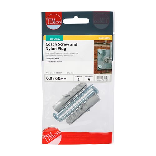 TIMCO Coach Screw & Nylon Plugs 6.0 x 60 Pack 2