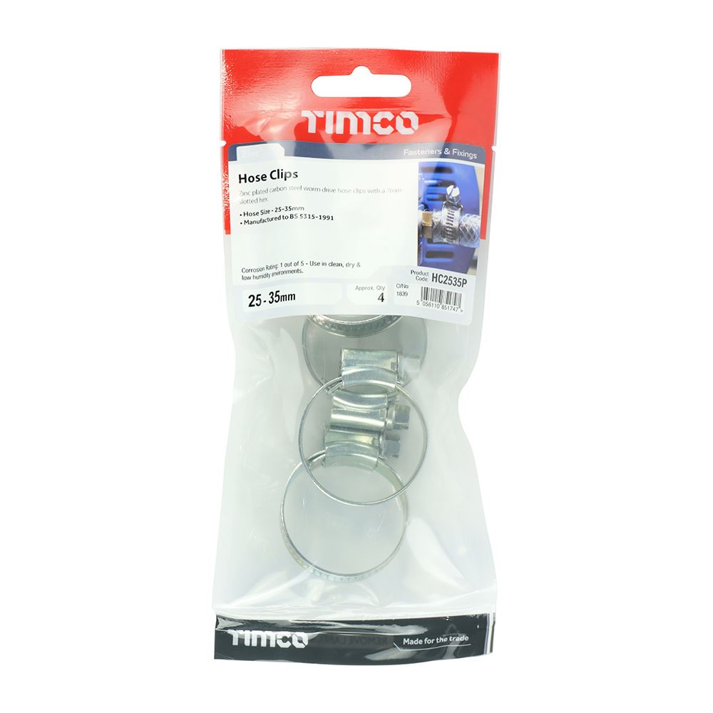 TIMCO Hose Clips - Zinc 25-35mm Silver Pack 4