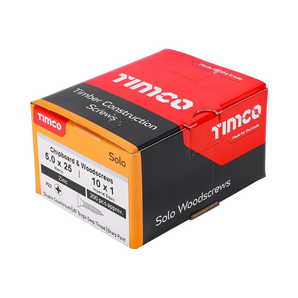 TIMCO Solo Woodscrew PZ2 CSK Zinc 5.0 x 25 Silver Pack 200
