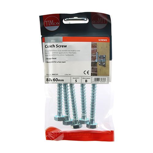 TIMCO Coach Screws Hex Head Silver  - 8.0 x 60 TIMpac OF 5 - 0860CSCP