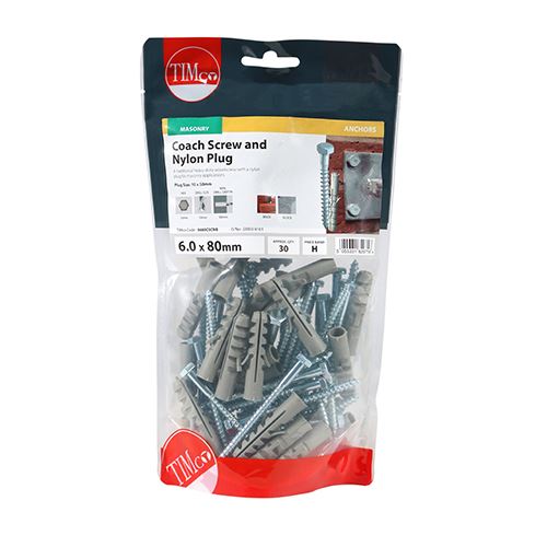 TIMCO Coach Screw & Nylon Plugs 6.0 x 80 Silver Pack 30