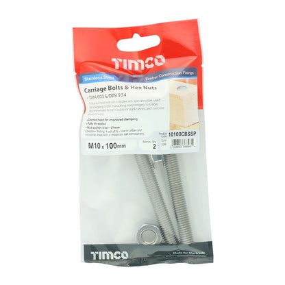 TIMCO Carriage Bolt & Hex Nut -A2 SS M10 x 100 Pack 2