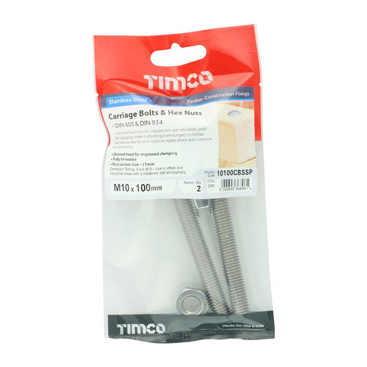 TIMCO Carriage Bolt & Hex Nut -A2 SS M10 x 100 Pack 2