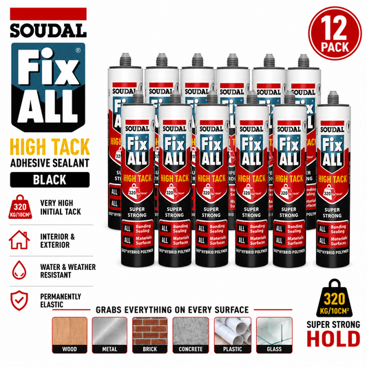 12 x Soudal Fix ALL Black High Tack Adhesive Sealant Waterproof 290ml