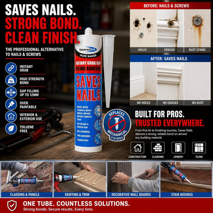 Bond It Saves Nails Solvent Free Grab Adhesive – High Strength Gap Filling Construction Adhesive for Wood, Brick, Concrete and Plasterboard