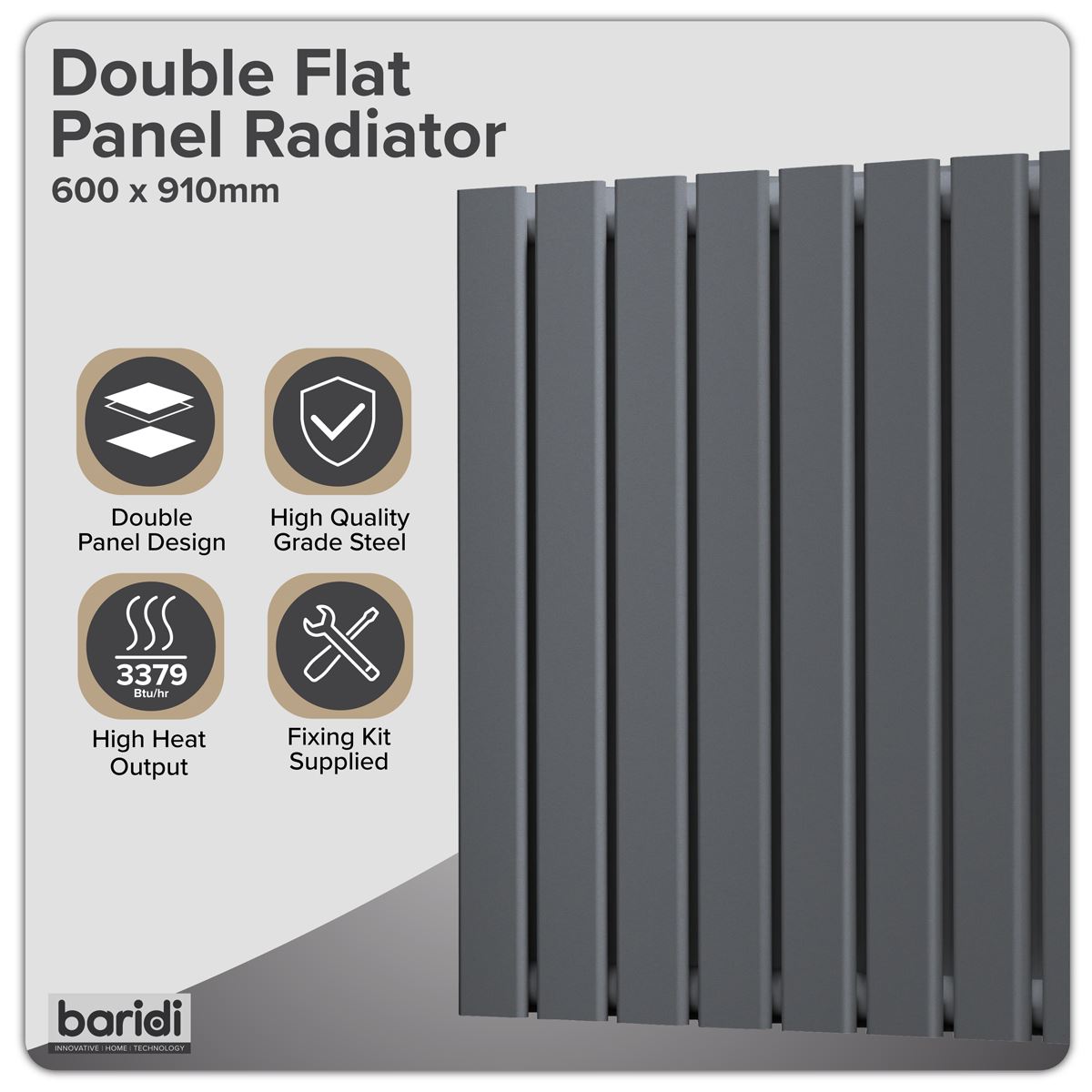 Baridi DH341 Horizontal Radiator Contemporary Double Flat Panel Design 600 x 910mm - Anthracite | Steel | Horizontal flat panel design delivers a BTU