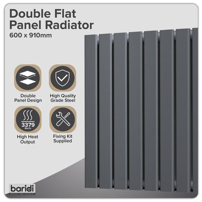 Baridi DH341 Horizontal Radiator Contemporary Double Flat Panel Design 600 x 910mm - Anthracite | Steel | Horizontal flat panel design delivers a BTU