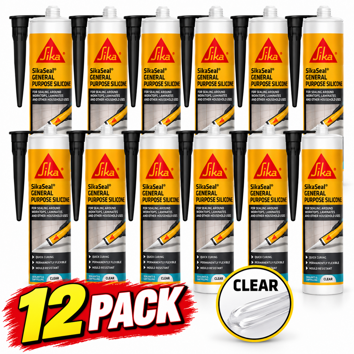 Sika Everbuild General Purpose Silicone Sealant Clear 260ml 12 Pack Waterproof Flexible Mould Resistant Seal for Baths Showers Sinks and Worktops
