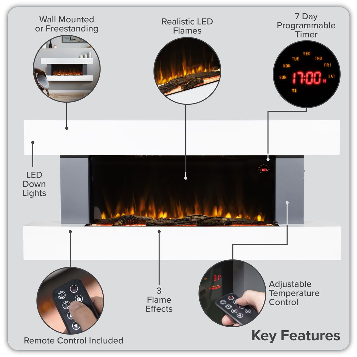 Baridi DH112 Wall Mounting Electric Fireplace with LED Flame Effect 52" - Grey | 230V~50Hz, Timer, Remote Control | Create a relaxing and cozy space