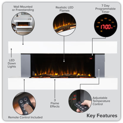Baridi DH112 Wall Mounting Electric Fireplace with LED Flame Effect 52" - Grey | 230V~50Hz, Timer, Remote Control | Create a relaxing and cozy space