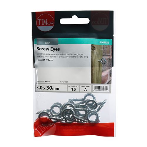 TIMCO Screw Eyes - BZP 30mm Silver Pack 15